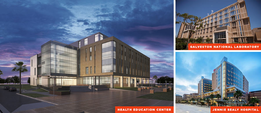 Three of UTMB's buildings: Health Education Center, Galveston National Laboratory, Jennie Sealy Hospital