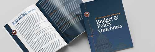 Cover and interior spread of the report: 87th Legislative Session Budget & Policy Outcomes