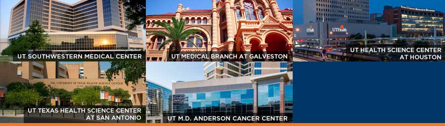Collage of the 5 health universities of the UT System, text on the image lists the names of the universities: UT Southwestern, UT Medical Branch at Galveston, UT Health Science Center at Houston, UT Health Science Center at San Antonio, UT M.D. Anderson Cancer Center.