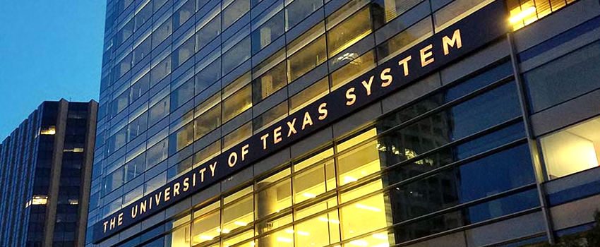 Front Facade of the UT System building at night