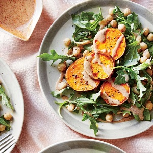 Sweet Potato Medallions with Almond Sauce and Chickpea Salad