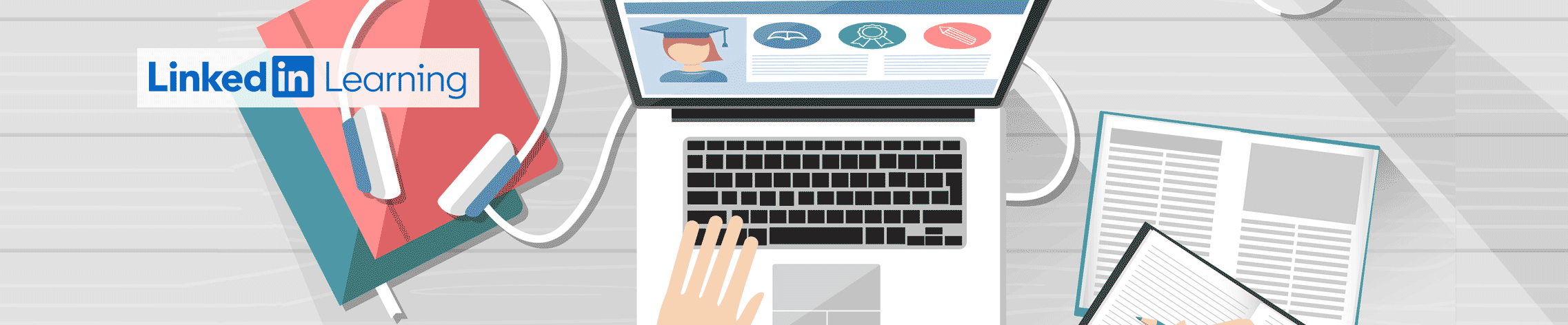 Illustration of a desk, top down, with a hands on a laptop viewing an online course. Logo on image, LinkedIn Learning