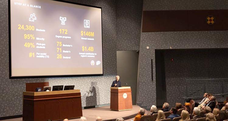 UTEP President Heather Wilson presents an institutional overview to more than 200 members and guests during the opening session at UTEP’s Undergraduate Learning Center on Feb. 9.
